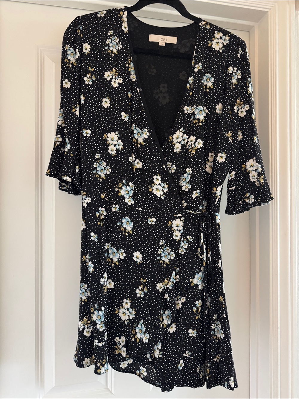 LOFT Black Floral Wrap Mini Dress Romper with Light Blue & White Blooms